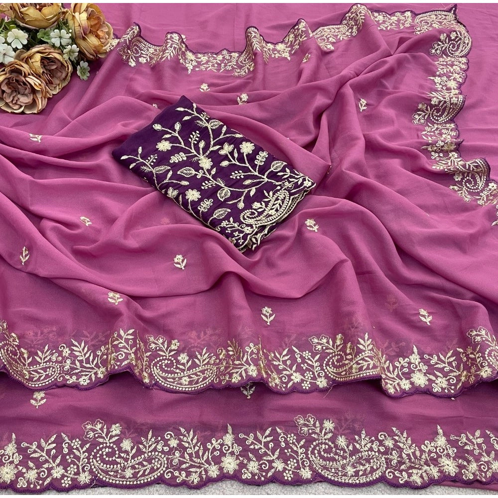 Snuggle Spot Women's Star Georgette Embroidered Saree With Unstitched Blouse 5.5Mtr (Pink)