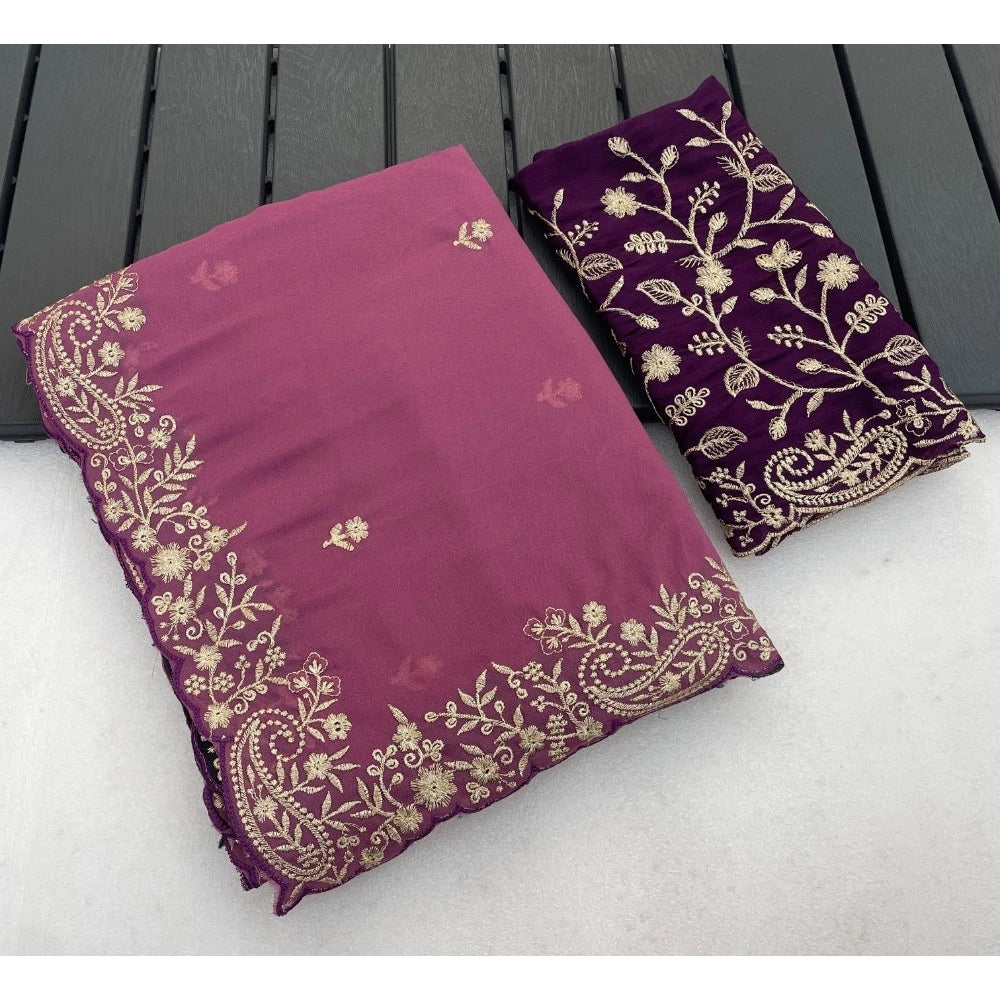 Snuggle Spot Women's Star Georgette Embroidered Saree With Unstitched Blouse 5.5Mtr (Pink)