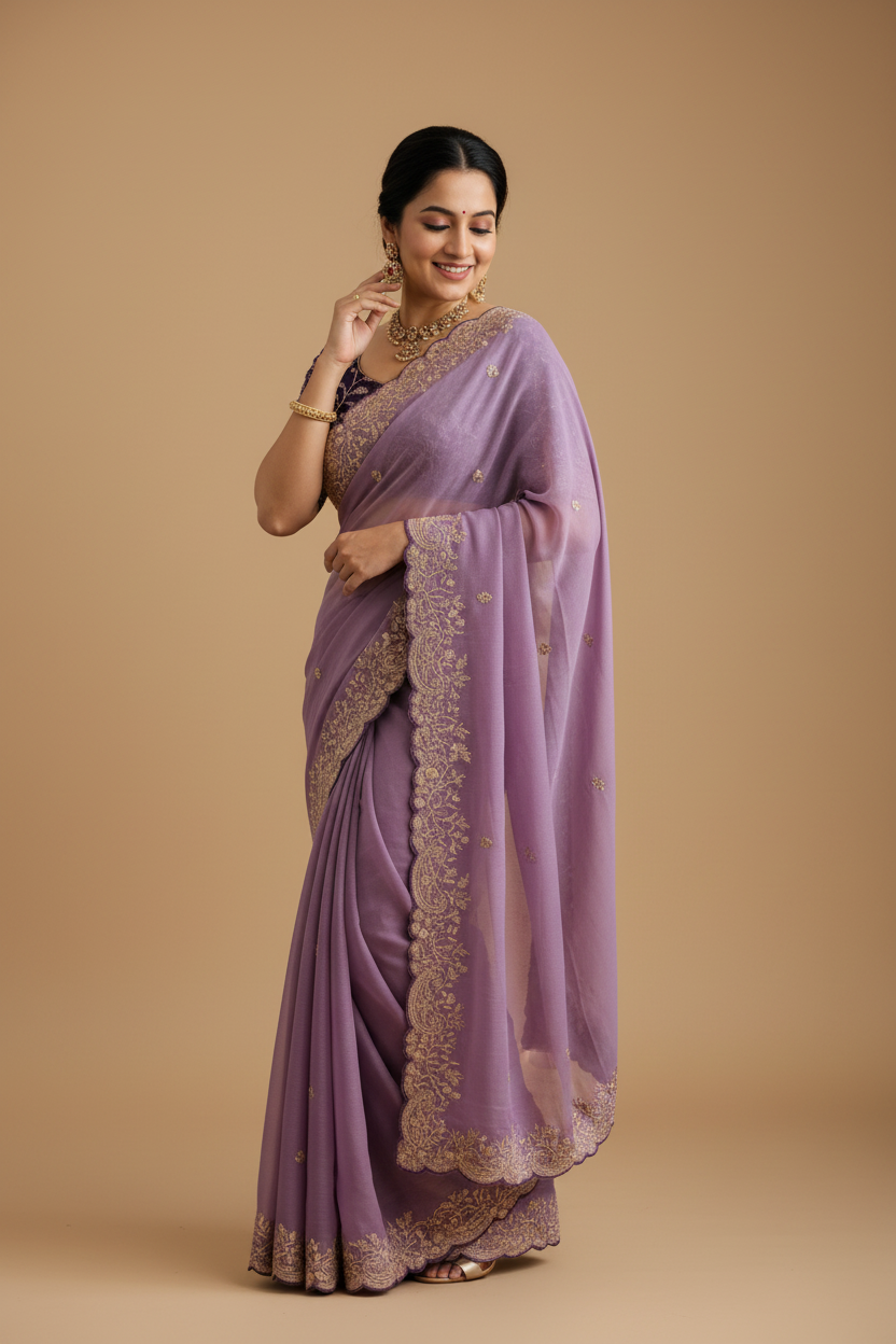 Snuggle Spot Women's Star Georgette Embroidered Saree With Unstitched Blouse 5.5Mtr (Purple)