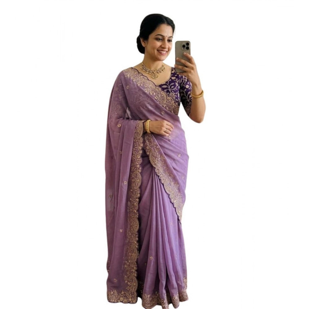 Snuggle Spot Women's Star Georgette Embroidered Saree With Unstitched Blouse 5.5Mtr (Purple)