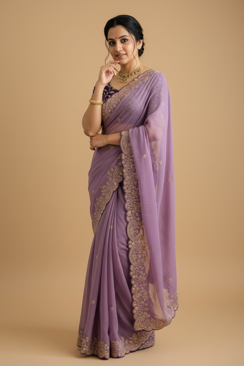 Snuggle Spot Women's Star Georgette Embroidered Saree With Unstitched Blouse 5.5Mtr (Purple)