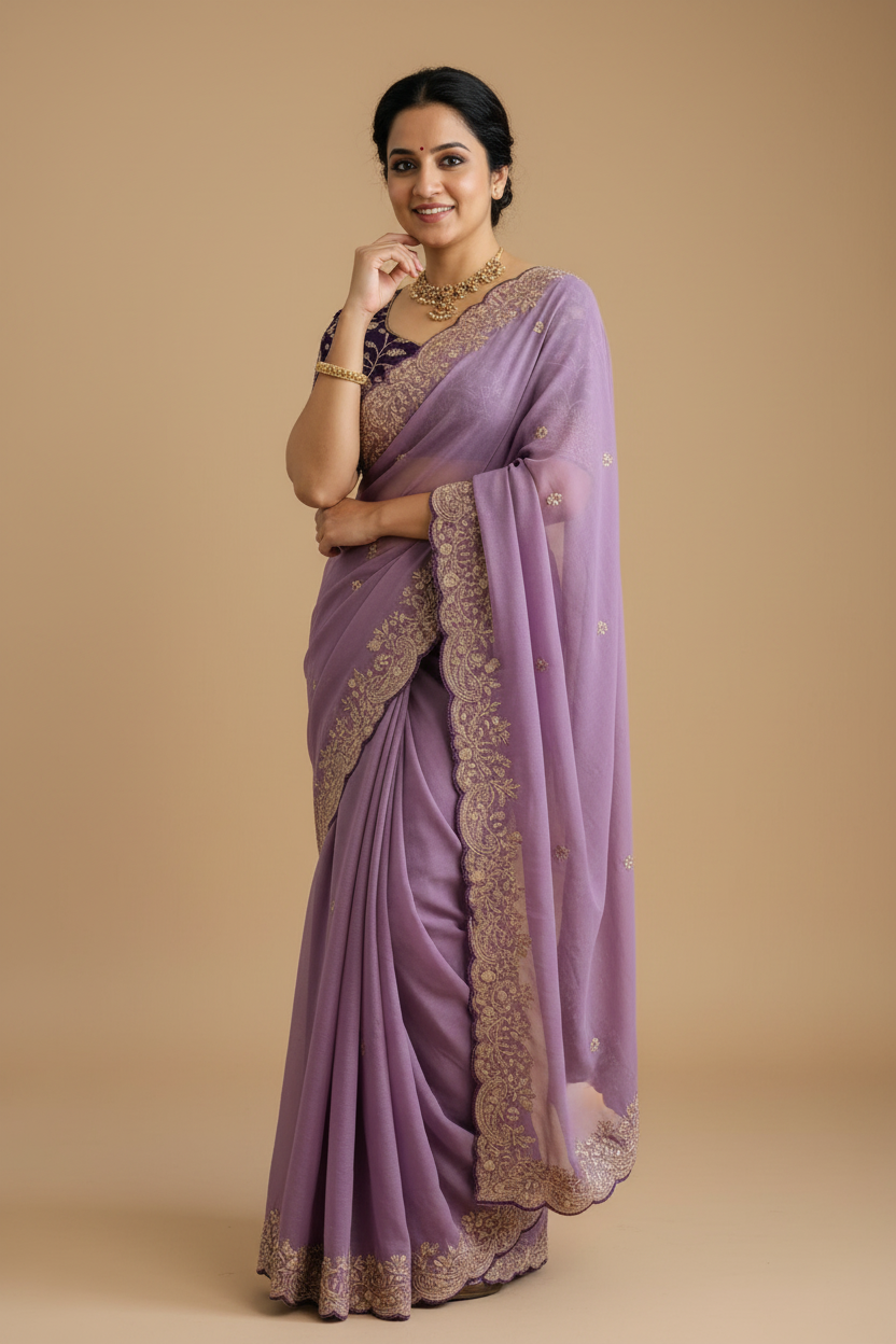 Snuggle Spot Women's Star Georgette Embroidered Saree With Unstitched Blouse 5.5Mtr (Purple)
