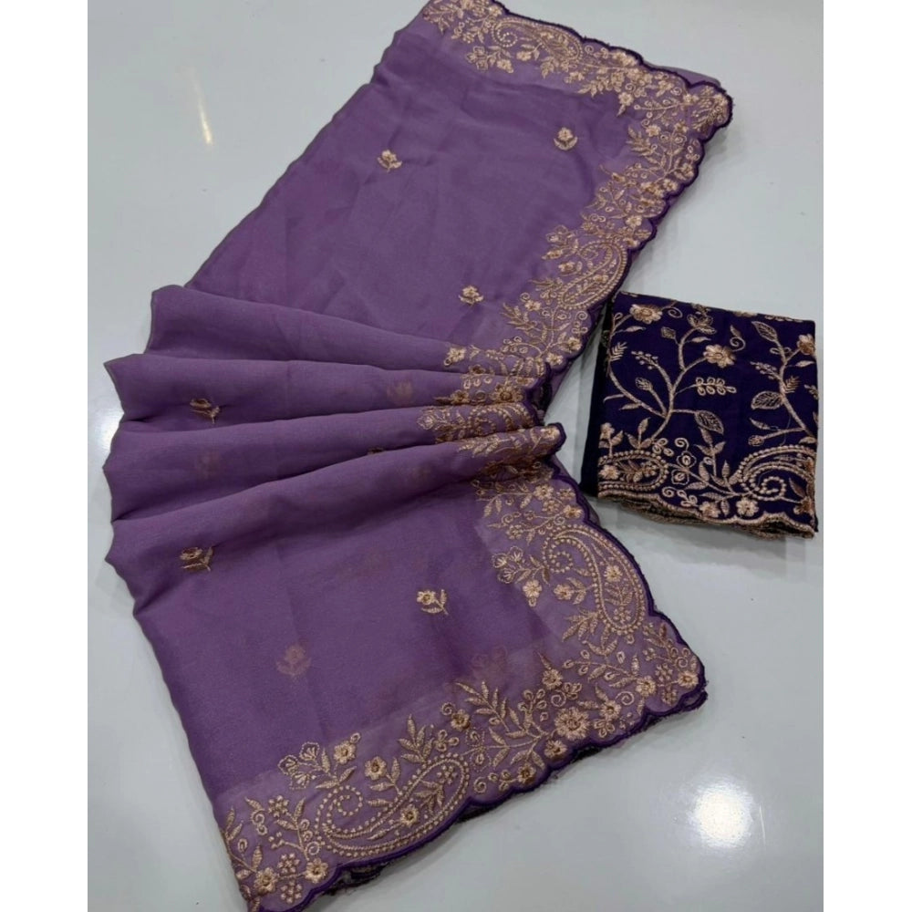 Snuggle Spot Women's Star Georgette Embroidered Saree With Unstitched Blouse 5.5Mtr (Purple)