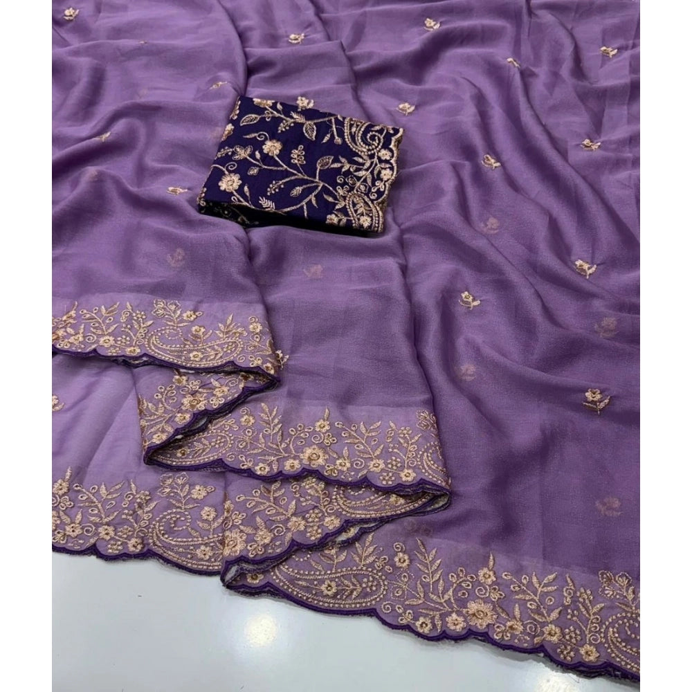 Snuggle Spot Women's Star Georgette Embroidered Saree With Unstitched Blouse 5.5Mtr (Purple)