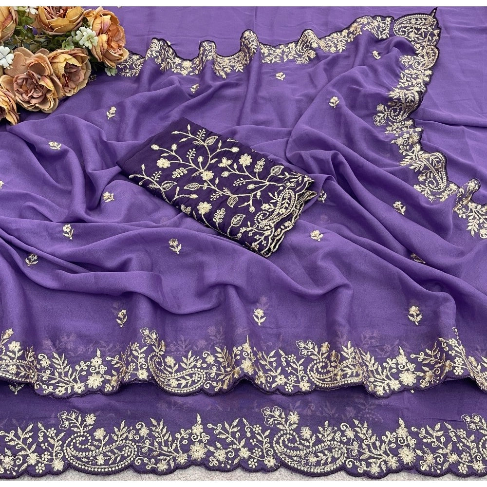 Snuggle Spot Women's Star Georgette Embroidered Saree With Unstitched Blouse 5.5Mtr (Purple)