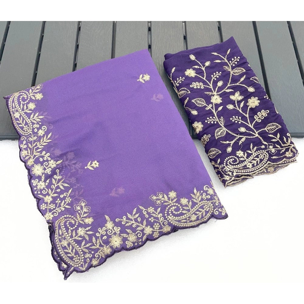 Snuggle Spot Women's Star Georgette Embroidered Saree With Unstitched Blouse 5.5Mtr (Purple)