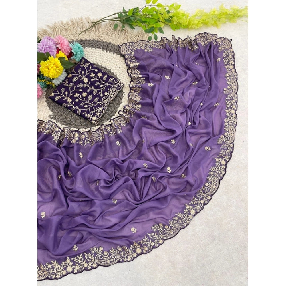 Snuggle Spot Women's Star Georgette Embroidered Saree With Unstitched Blouse 5.5Mtr (Purple)