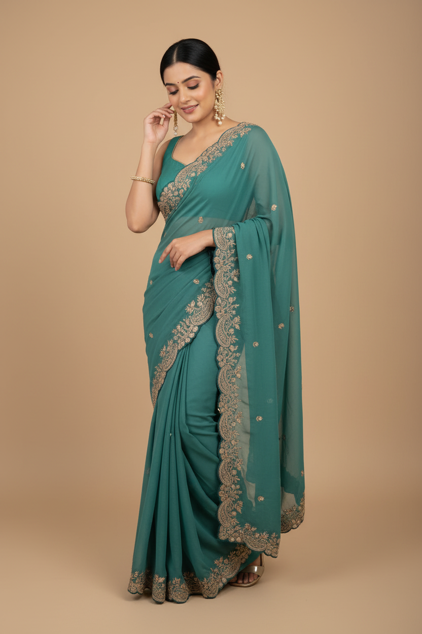 Snuggle Spot Women's Star Georgette Embroidered Saree With Unstitched Blouse 5.5Mtr (Sea Green)