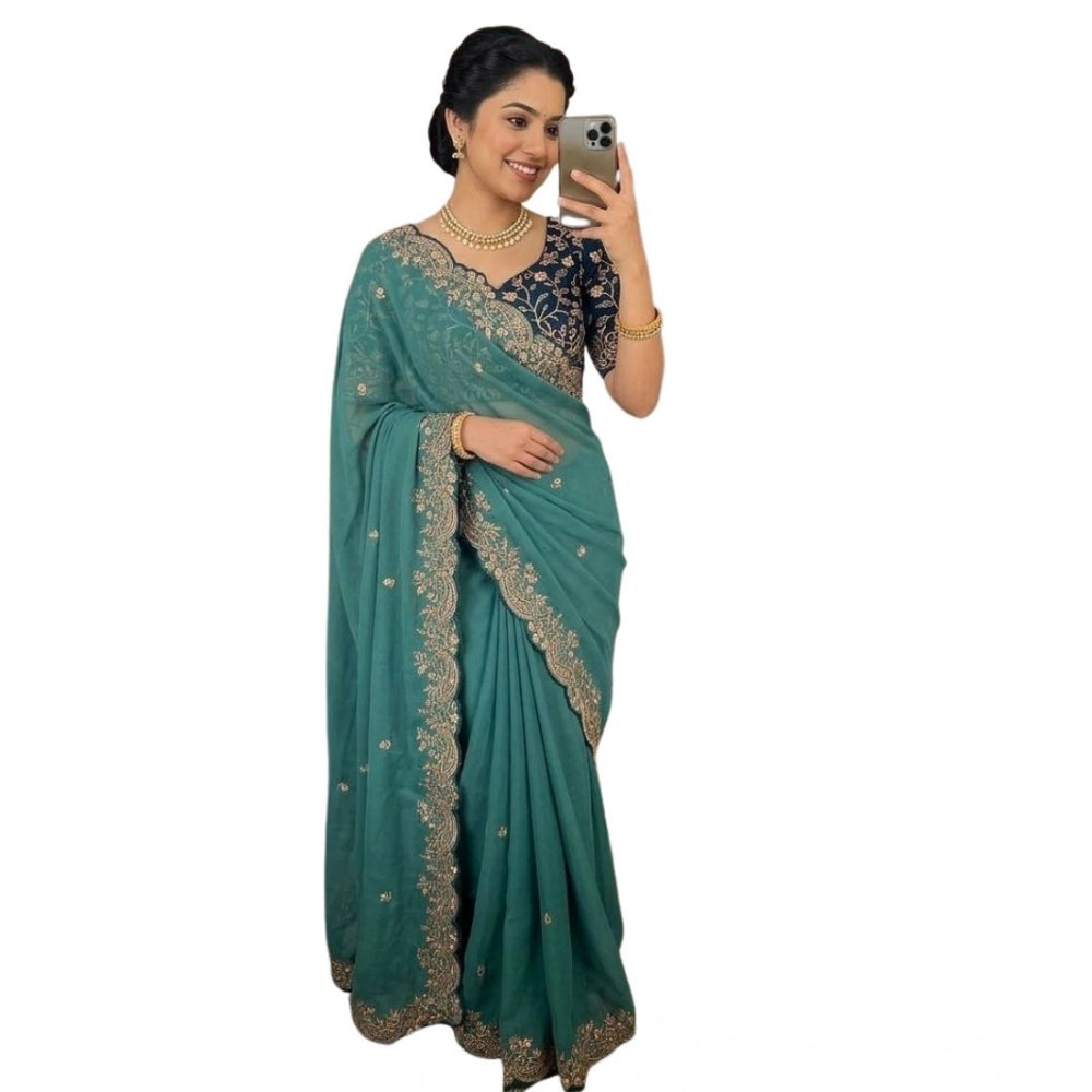 Snuggle Spot Women's Star Georgette Embroidered Saree With Unstitched Blouse 5.5Mtr (Sea Green)