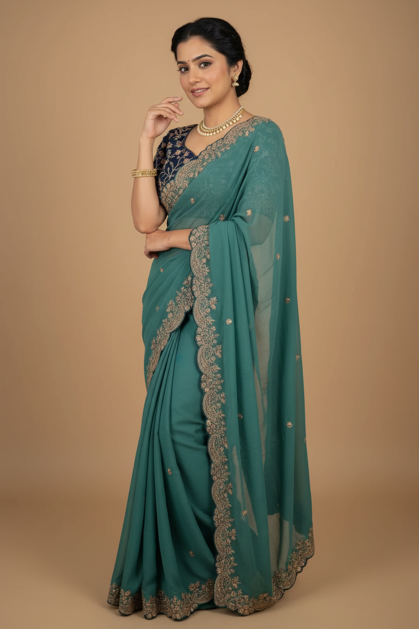Snuggle Spot Women's Star Georgette Embroidered Saree With Unstitched Blouse 5.5Mtr (Sea Green)