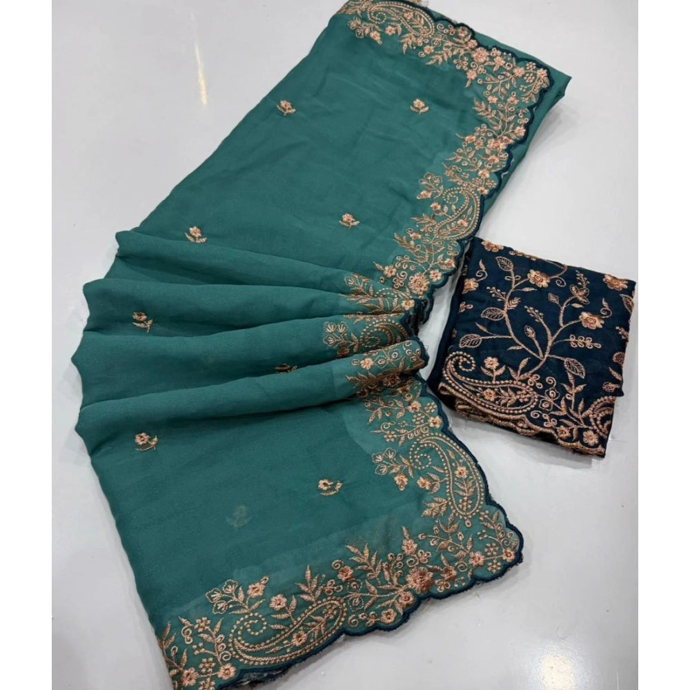 Snuggle Spot Women's Star Georgette Embroidered Saree With Unstitched Blouse 5.5Mtr (Sea Green)