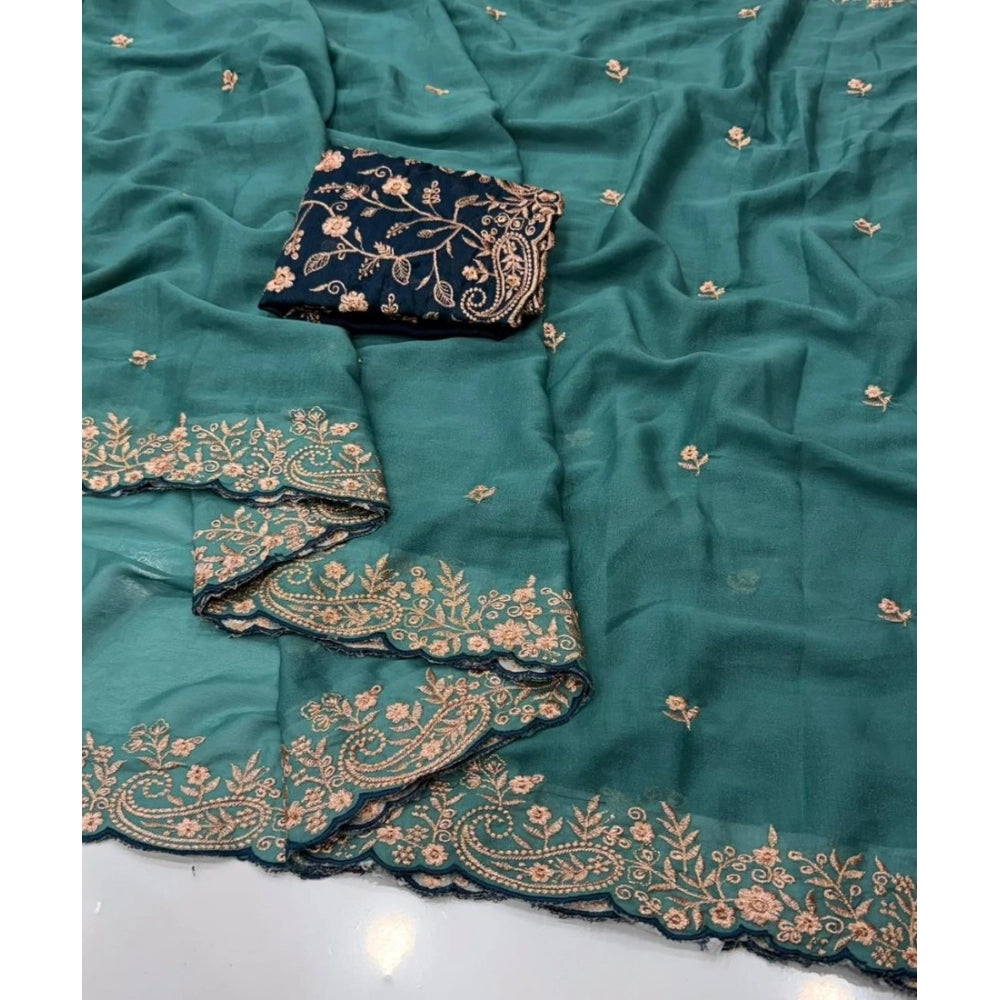 Snuggle Spot Women's Star Georgette Embroidered Saree With Unstitched Blouse 5.5Mtr (Sea Green)