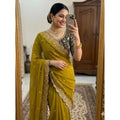 Snuggle Spot Women's Star Georgette Embroidered Saree With Unstitched Blouse 5.5Mtr (Mustard Yellow)