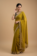 Snuggle Spot Women's Star Georgette Embroidered Saree With Unstitched Blouse 5.5Mtr (Mustard Yellow)