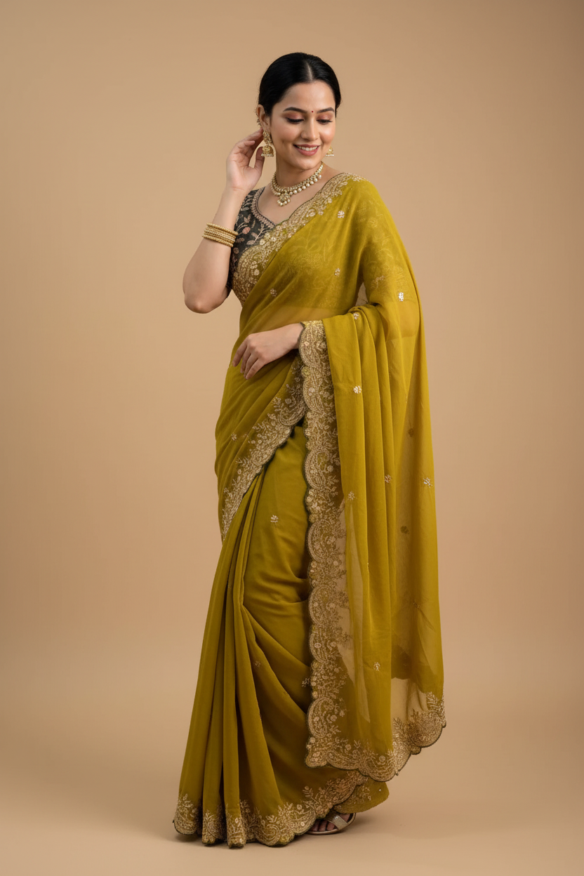 Snuggle Spot Women's Star Georgette Embroidered Saree With Unstitched Blouse 5.5Mtr (Mustard Yellow)