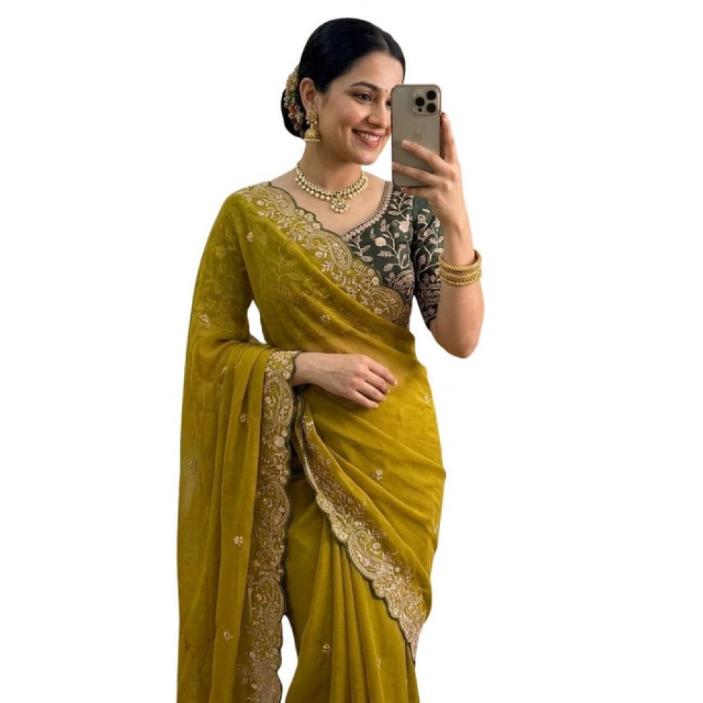 Snuggle Spot Women's Star Georgette Embroidered Saree With Unstitched Blouse 5.5Mtr (Mustard Yellow)
