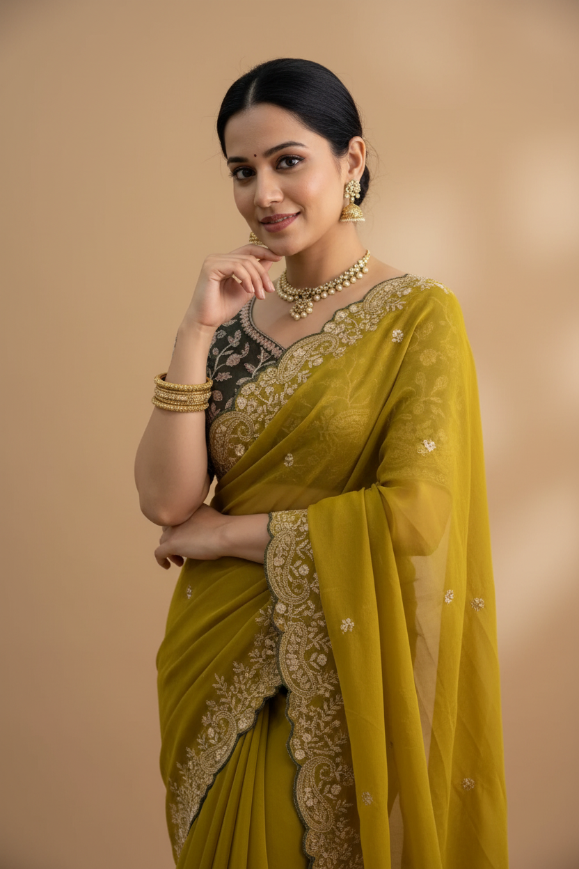 Snuggle Spot Women's Star Georgette Embroidered Saree With Unstitched Blouse 5.5Mtr (Mustard Yellow)