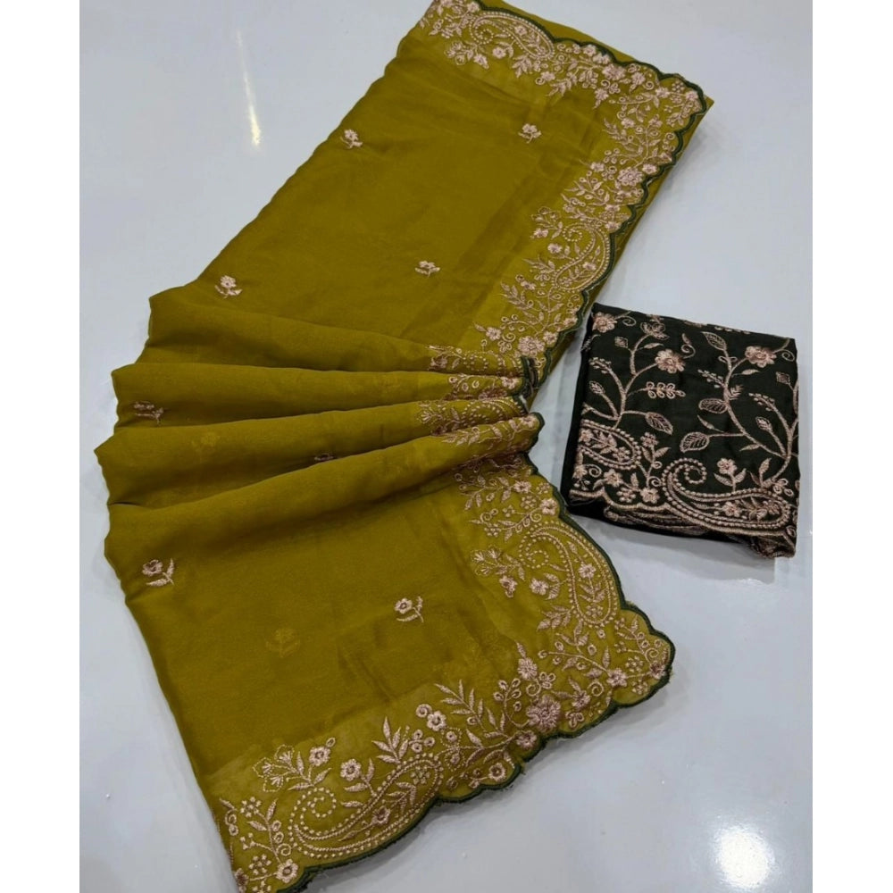 Snuggle Spot Women's Star Georgette Embroidered Saree With Unstitched Blouse 5.5Mtr (Mustard Yellow)
