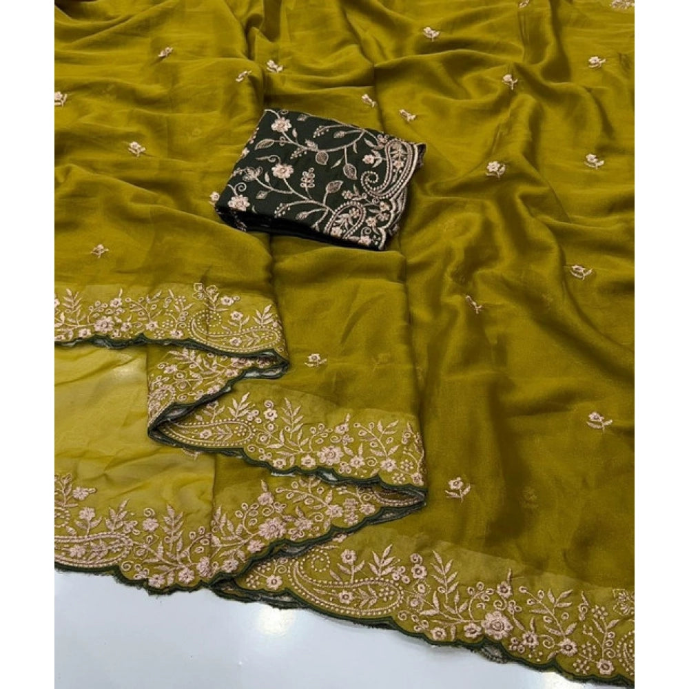 Snuggle Spot Women's Star Georgette Embroidered Saree With Unstitched Blouse 5.5Mtr (Mustard Yellow)