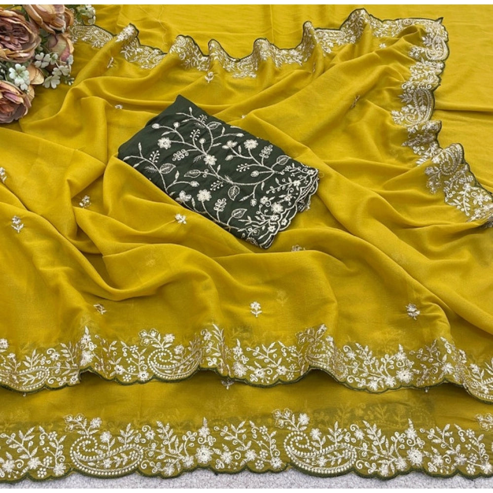 Snuggle Spot Women's Star Georgette Embroidered Saree With Unstitched Blouse 5.5Mtr (Mustard Yellow)