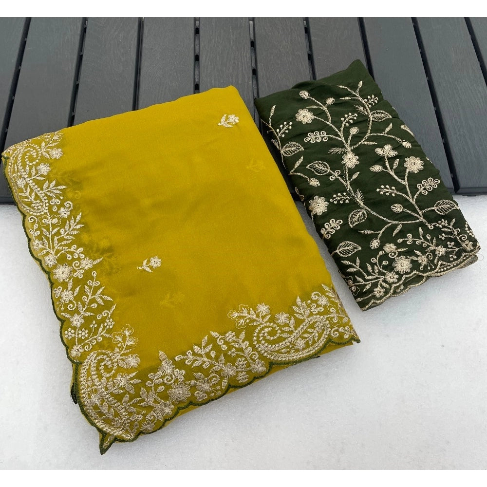 Snuggle Spot Women's Star Georgette Embroidered Saree With Unstitched Blouse 5.5Mtr (Mustard Yellow)