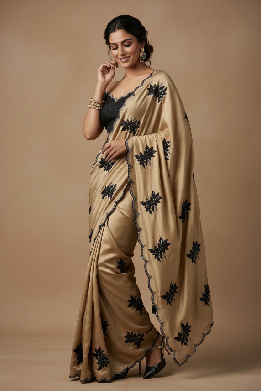 Snuggle Spot Women's Viscose Silk Embroidered Saree With Unstitched Blouse 5.5Mtr (Beige)