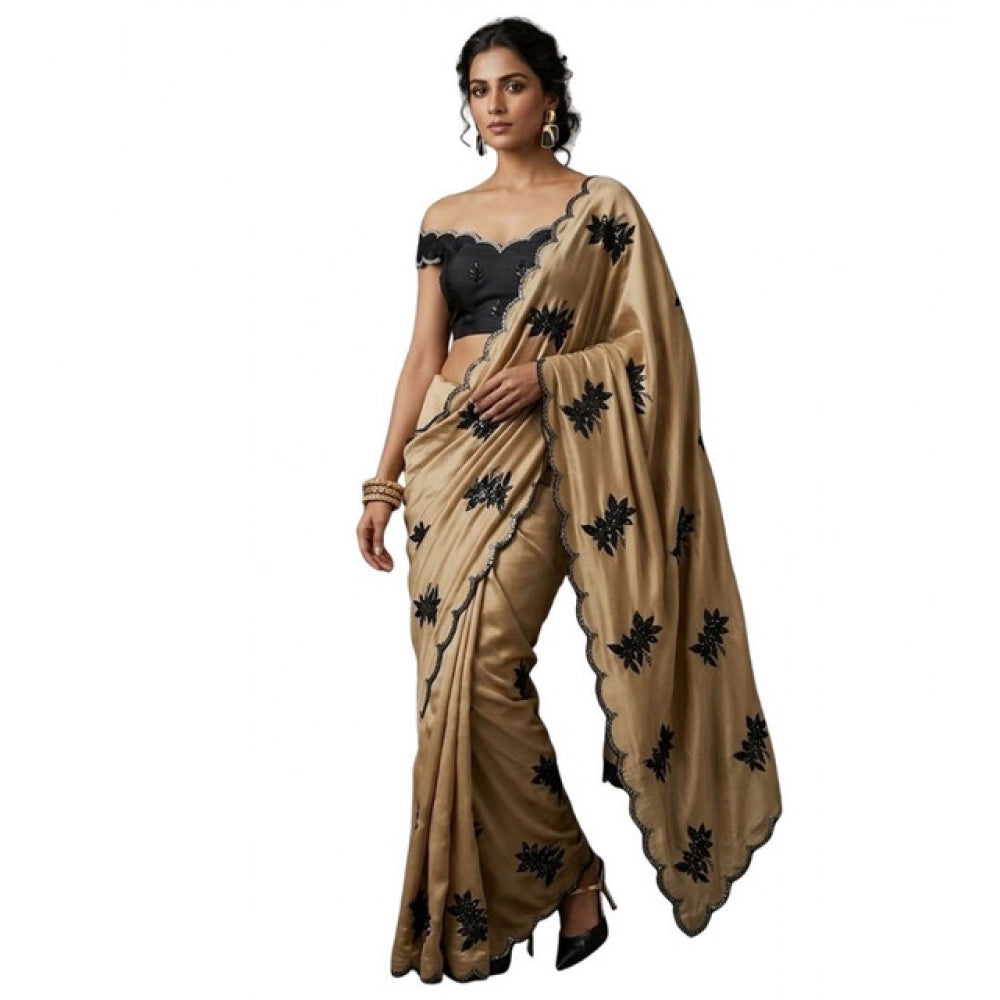 Snuggle Spot Women's Viscose Silk Embroidered Saree With Unstitched Blouse 5.5Mtr (Beige)