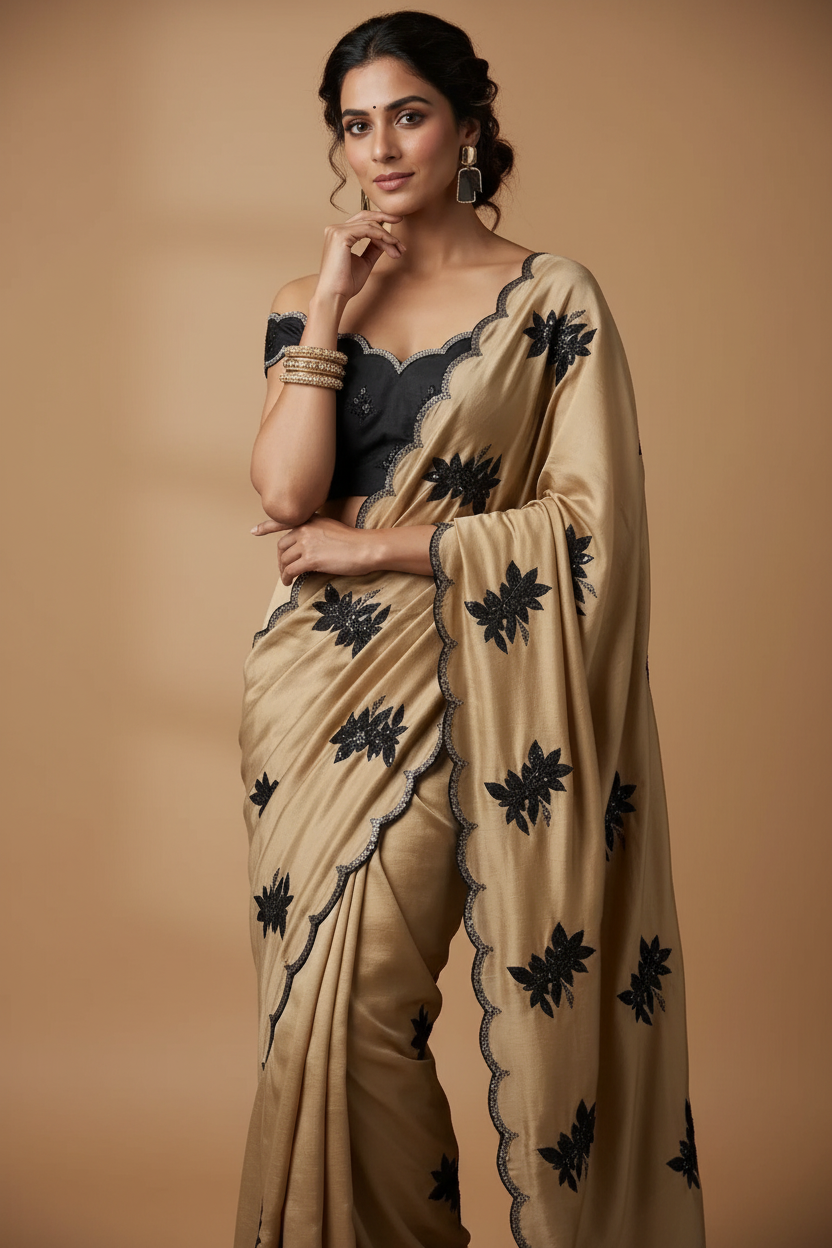 Snuggle Spot Women's Viscose Silk Embroidered Saree With Unstitched Blouse 5.5Mtr (Beige)
