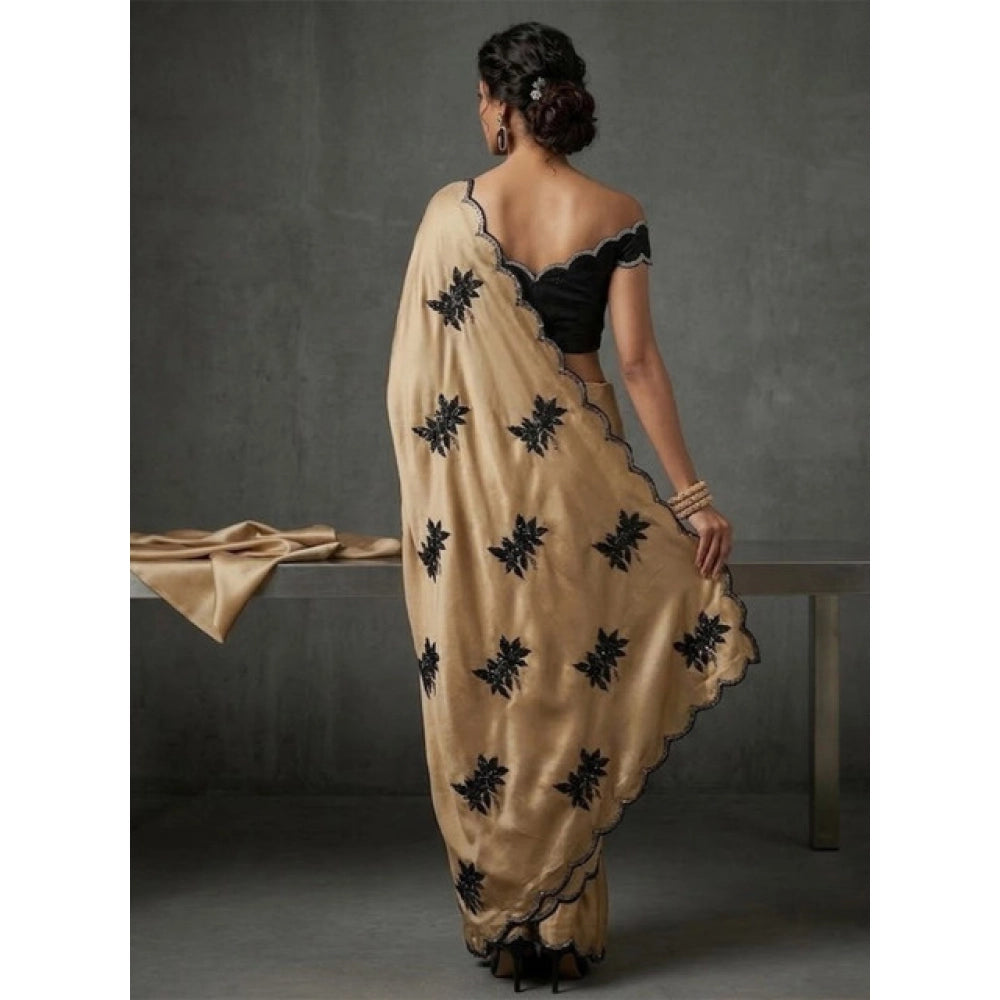 Snuggle Spot Women's Viscose Silk Embroidered Saree With Unstitched Blouse 5.5Mtr (Beige)