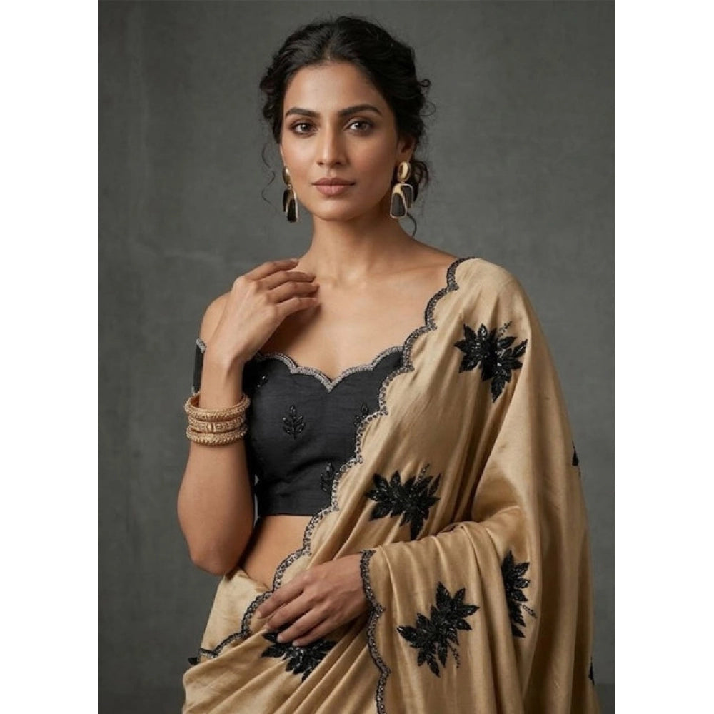 Snuggle Spot Women's Viscose Silk Embroidered Saree With Unstitched Blouse 5.5Mtr (Beige)