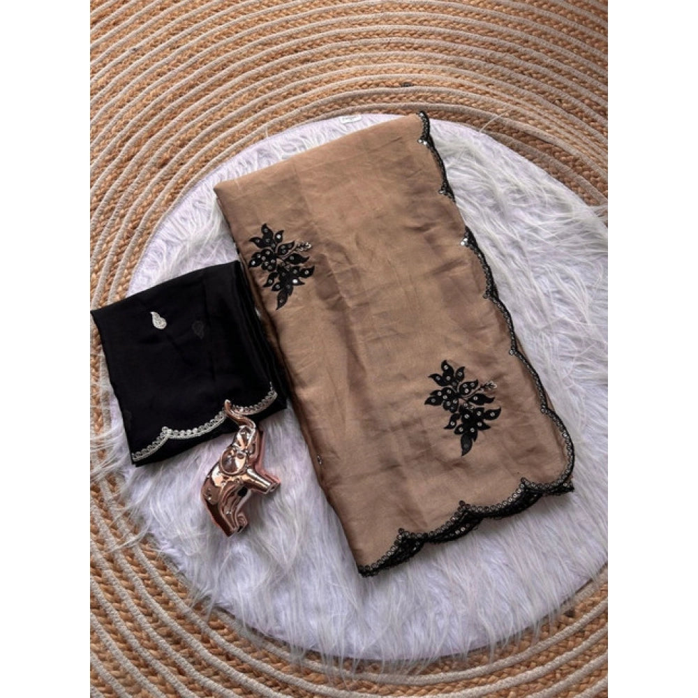 Snuggle Spot Women's Viscose Silk Embroidered Saree With Unstitched Blouse 5.5Mtr (Beige)