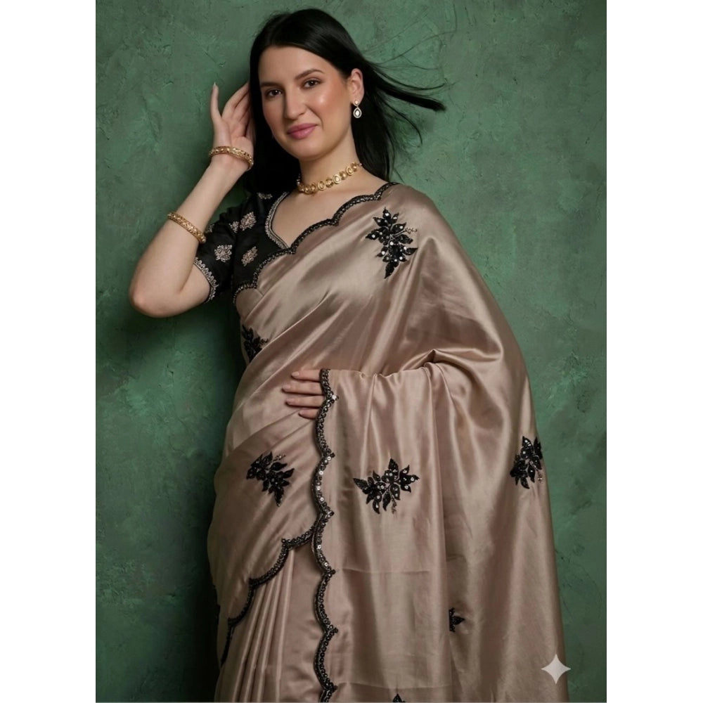 Snuggle Spot Women's Viscose Silk Embroidered Saree With Unstitched Blouse 5.5Mtr (Beige)