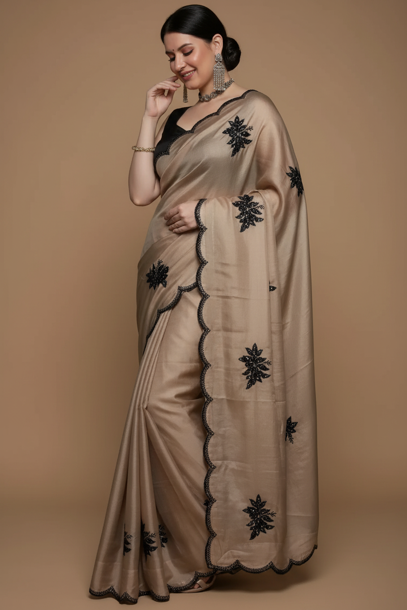 Snuggle Spot Women's Viscose Silk Embroidered Saree With Unstitched Blouse 5.5Mtr (Beige)