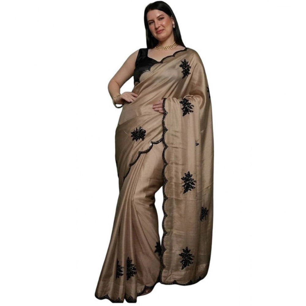 Snuggle Spot Women's Viscose Silk Embroidered Saree With Unstitched Blouse 5.5Mtr (Beige)
