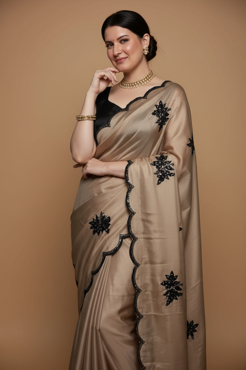 Snuggle Spot Women's Viscose Silk Embroidered Saree With Unstitched Blouse 5.5Mtr (Beige)