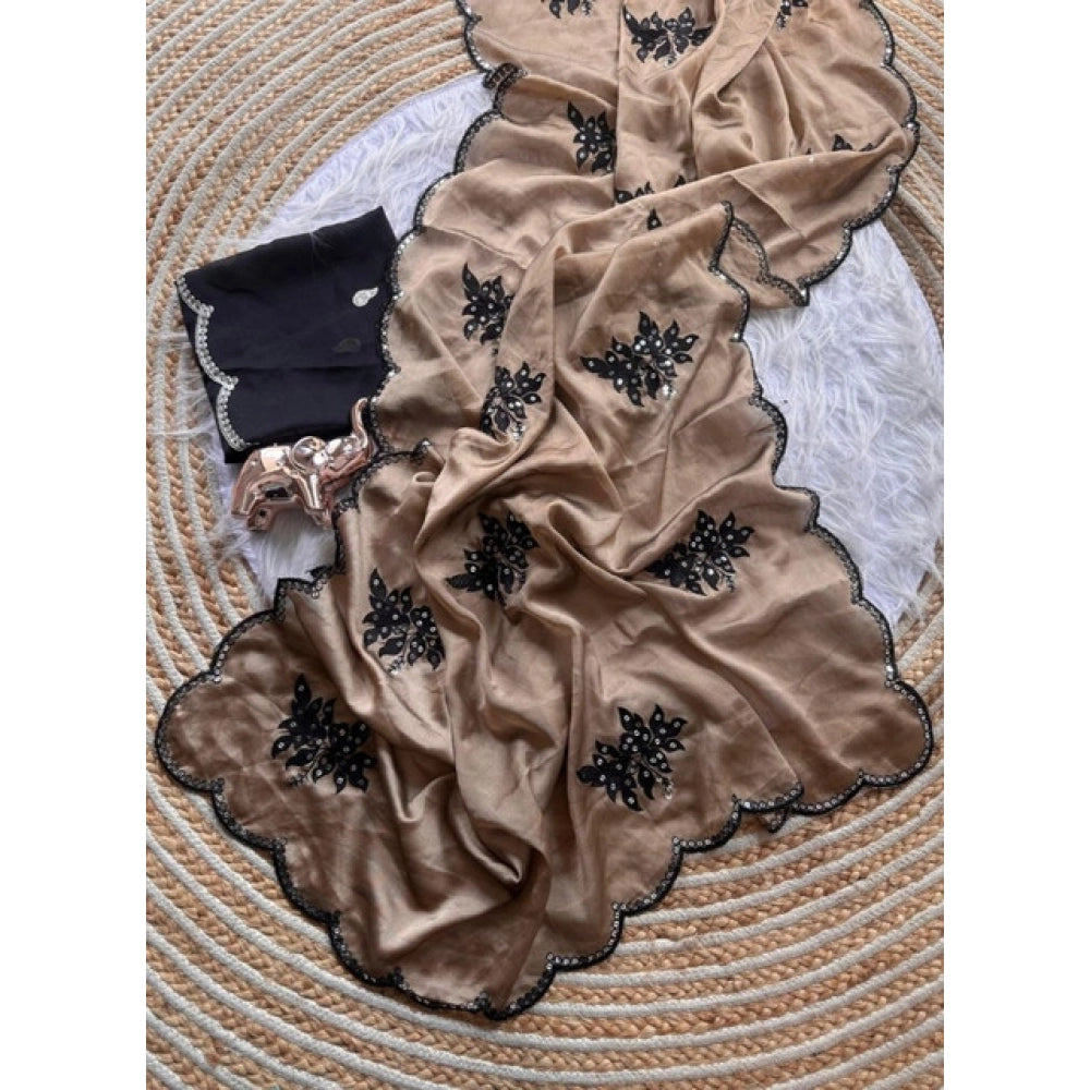 Snuggle Spot Women's Viscose Silk Embroidered Saree With Unstitched Blouse 5.5Mtr (Beige)