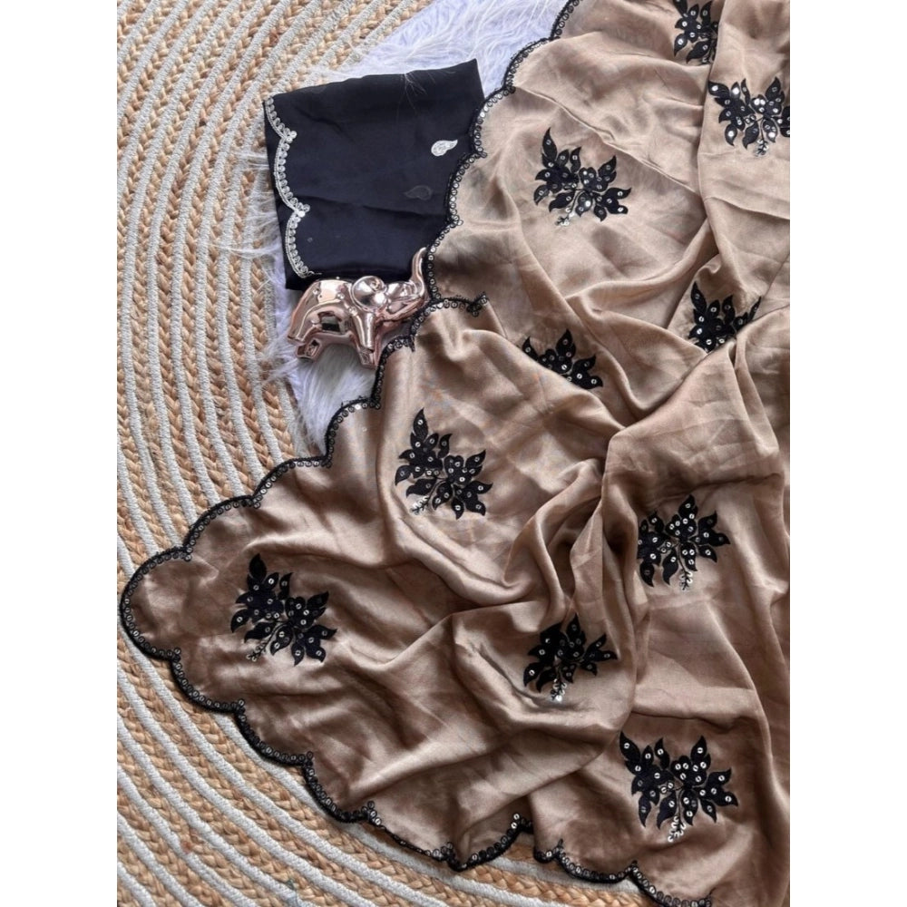 Snuggle Spot Women's Viscose Silk Embroidered Saree With Unstitched Blouse 5.5Mtr (Beige)