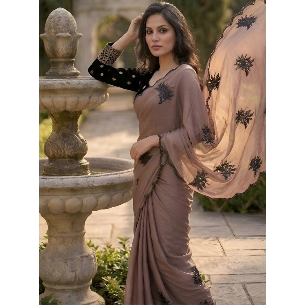Snuggle Spot Women's Viscose Silk Embroidered Saree With Unstitched Blouse 5.5Mtr (Brown)