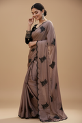 Snuggle Spot Women's Viscose Silk Embroidered Saree With Unstitched Blouse 5.5Mtr (Brown)