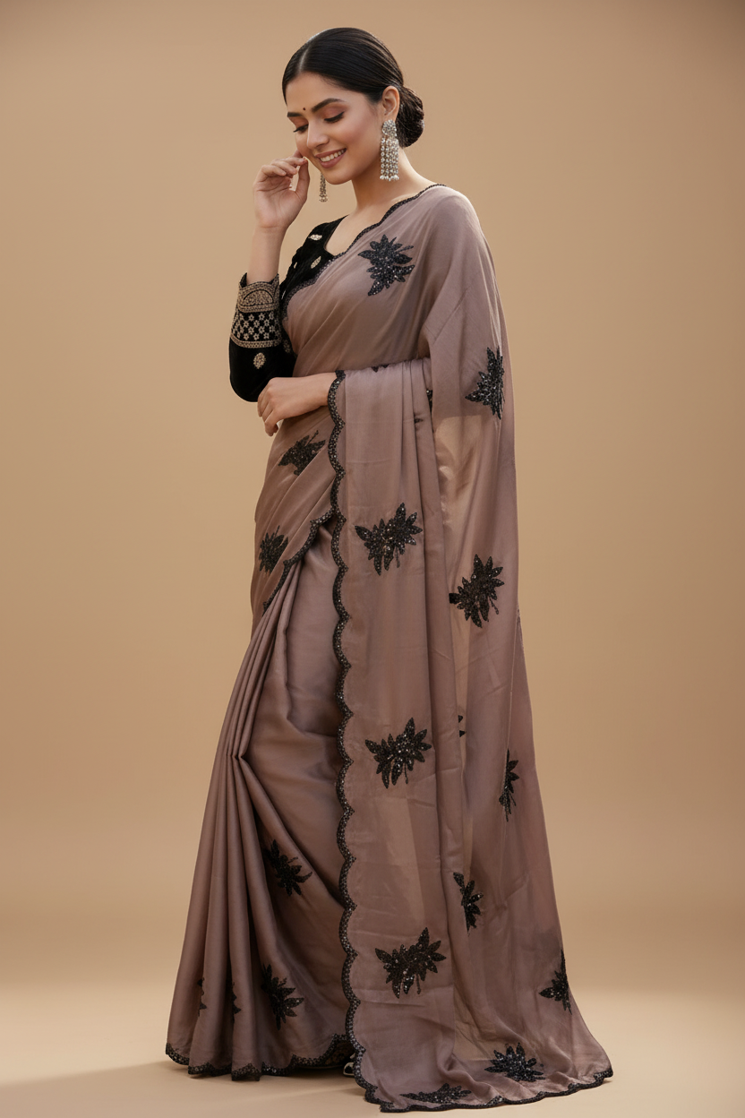 Snuggle Spot Women's Viscose Silk Embroidered Saree With Unstitched Blouse 5.5Mtr (Brown)