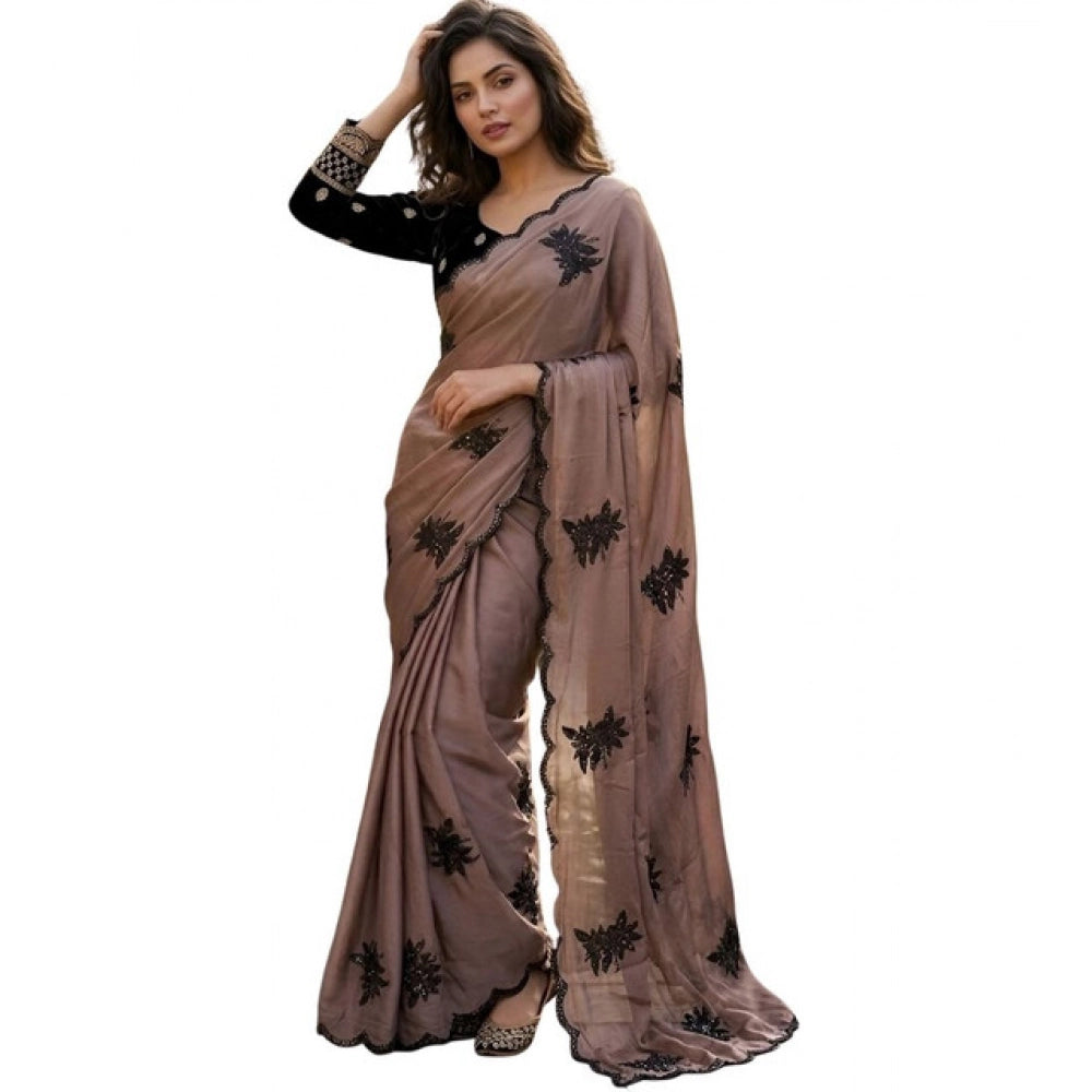 Snuggle Spot Women's Viscose Silk Embroidered Saree With Unstitched Blouse 5.5Mtr (Brown)