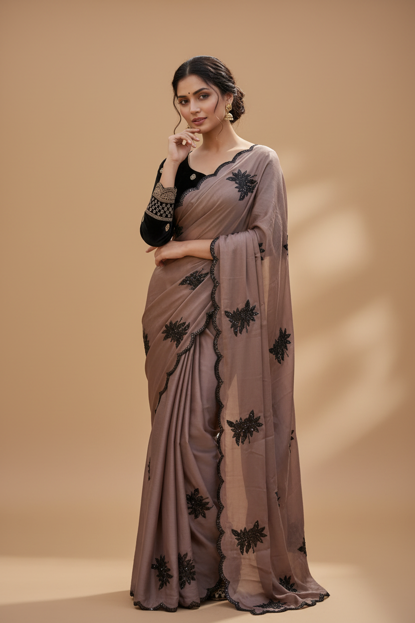 Snuggle Spot Women's Viscose Silk Embroidered Saree With Unstitched Blouse 5.5Mtr (Brown)