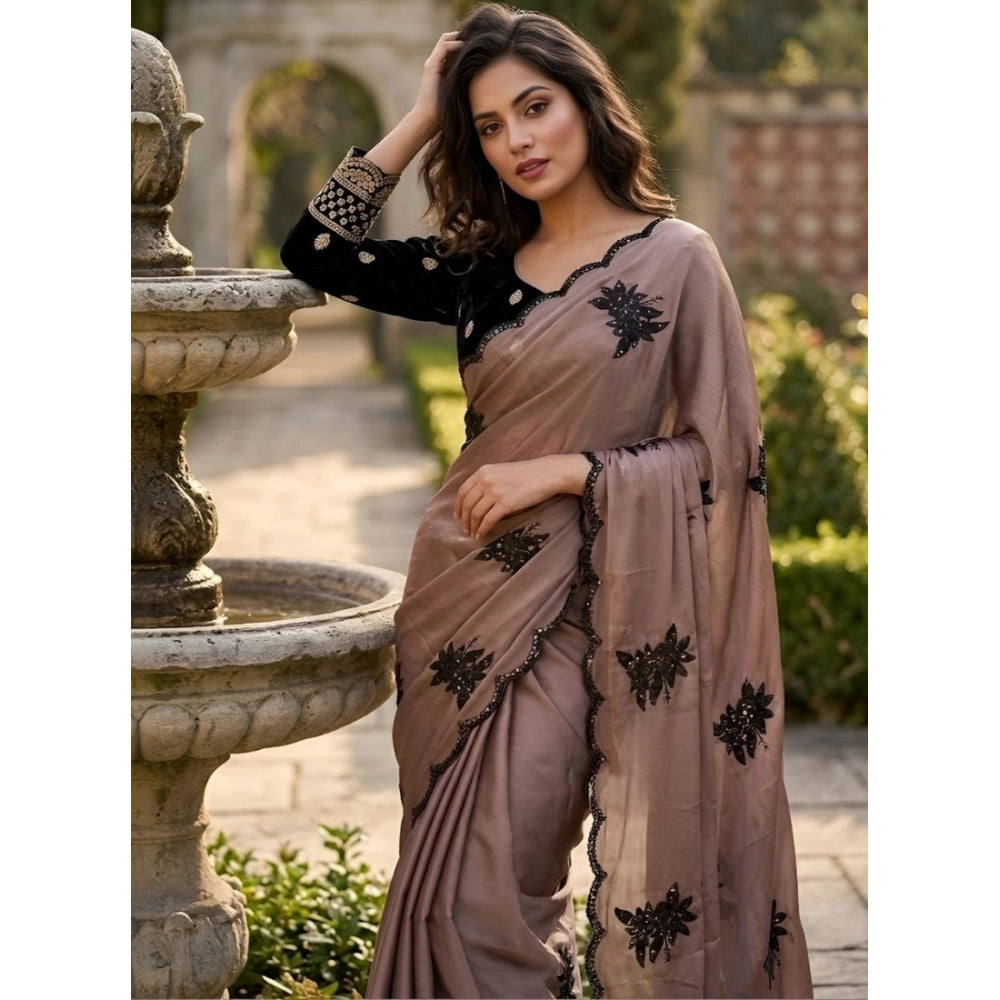 Snuggle Spot Women's Viscose Silk Embroidered Saree With Unstitched Blouse 5.5Mtr (Brown)