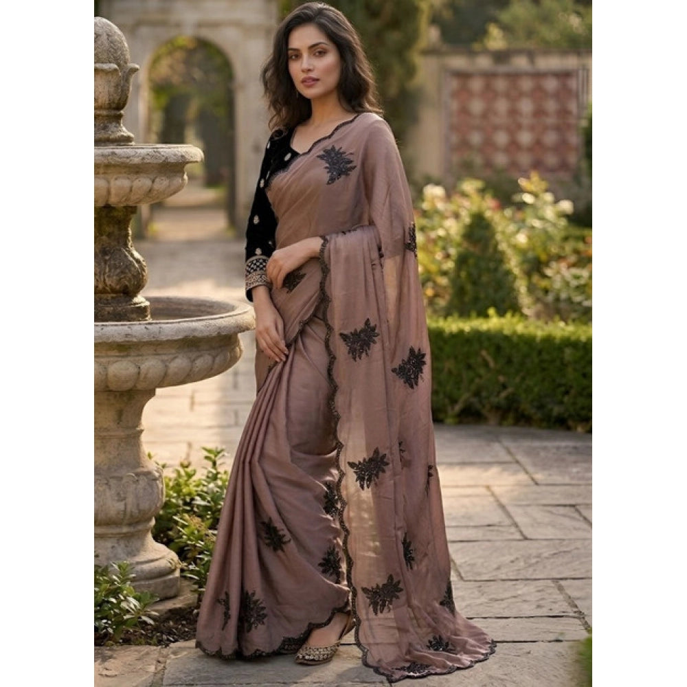 Snuggle Spot Women's Viscose Silk Embroidered Saree With Unstitched Blouse 5.5Mtr (Brown)