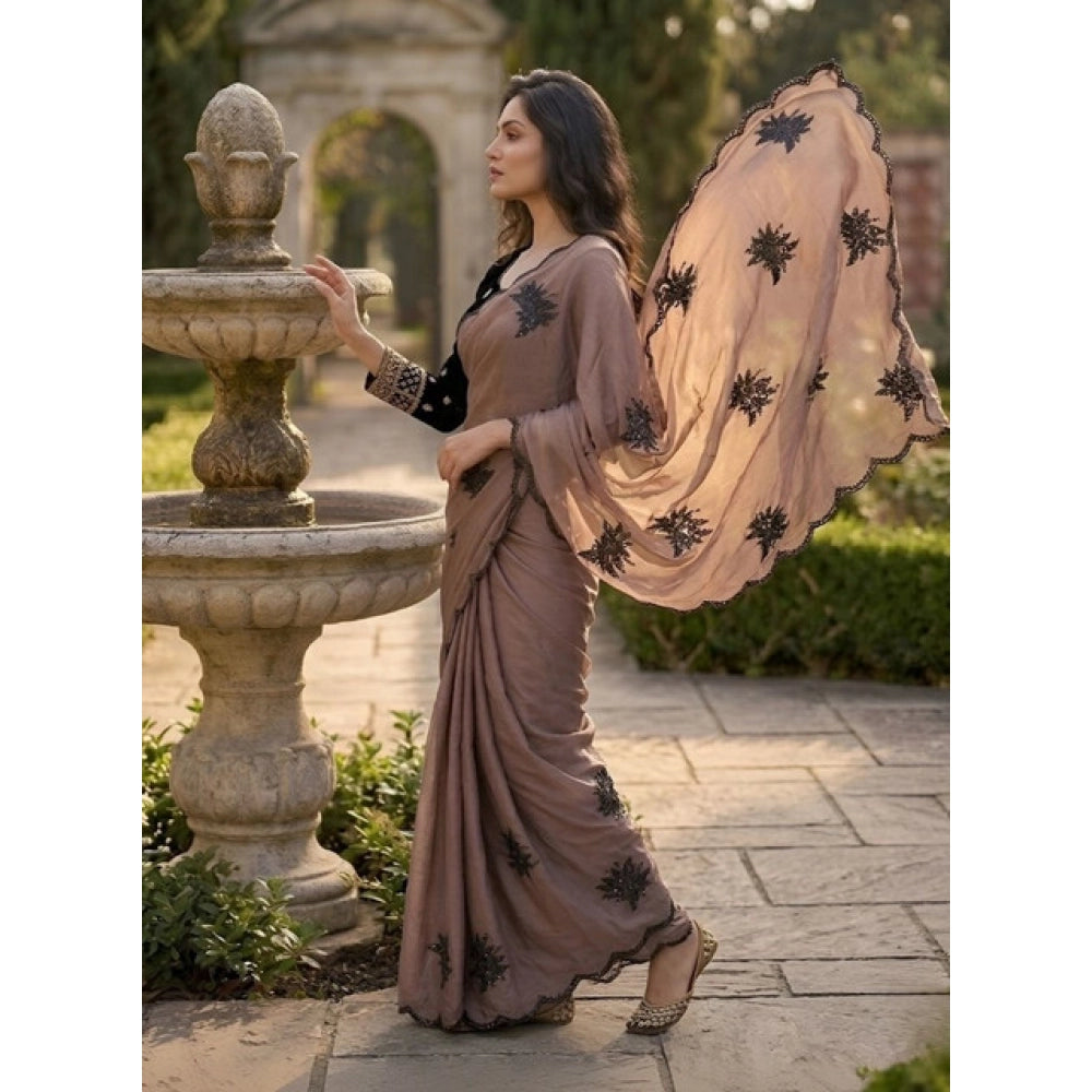 Snuggle Spot Women's Viscose Silk Embroidered Saree With Unstitched Blouse 5.5Mtr (Brown)