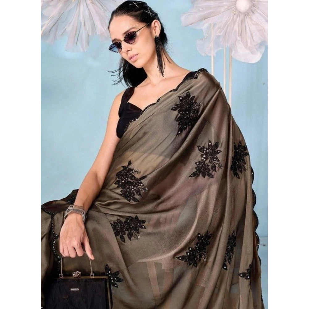 Snuggle Spot Women's Viscose Silk Embroidered Saree With Unstitched Blouse 5.5Mtr (Beige)