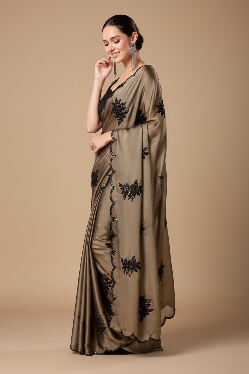 Snuggle Spot Women's Viscose Silk Embroidered Saree With Unstitched Blouse 5.5Mtr (Beige)