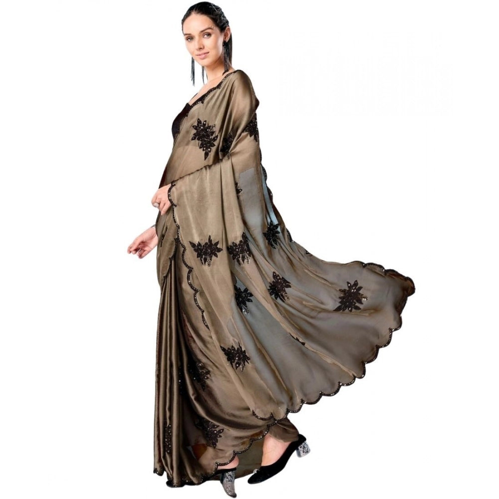 Snuggle Spot Women's Viscose Silk Embroidered Saree With Unstitched Blouse 5.5Mtr (Beige)