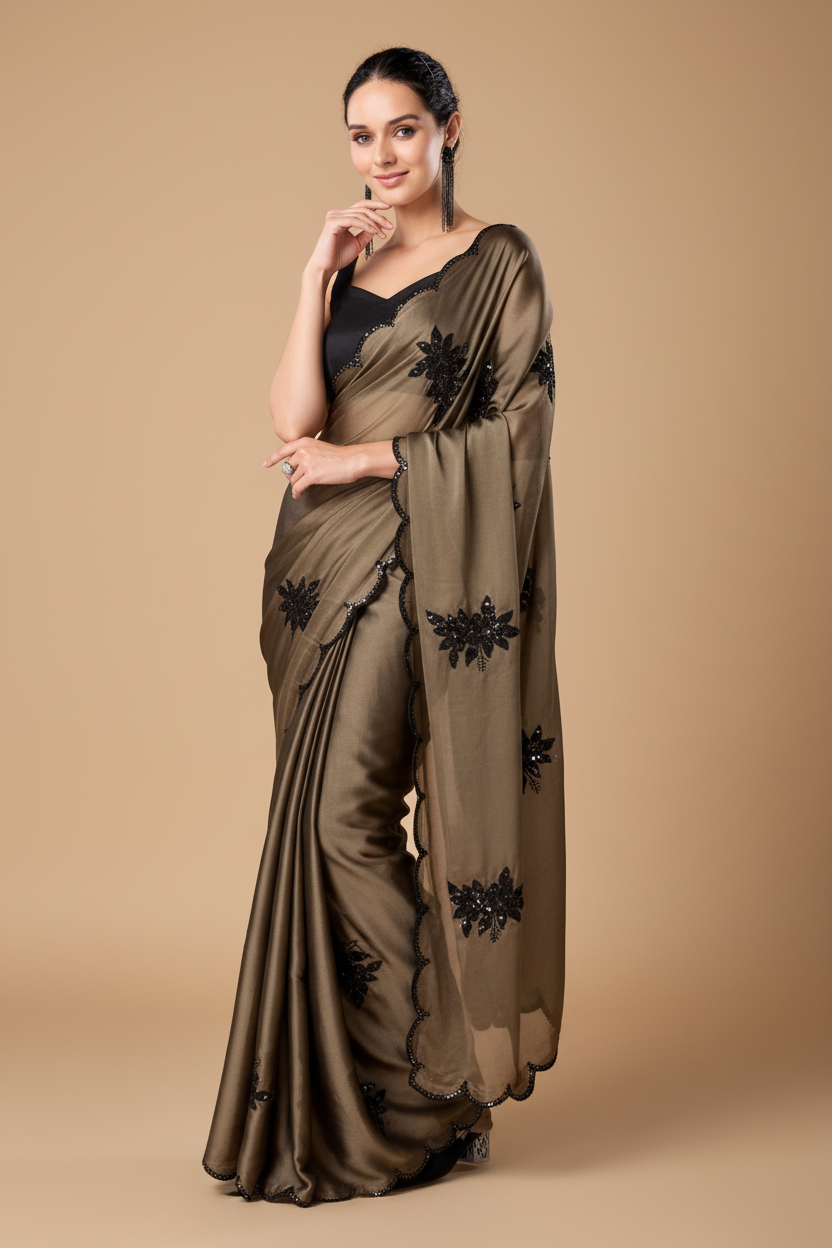 Snuggle Spot Women's Viscose Silk Embroidered Saree With Unstitched Blouse 5.5Mtr (Beige)