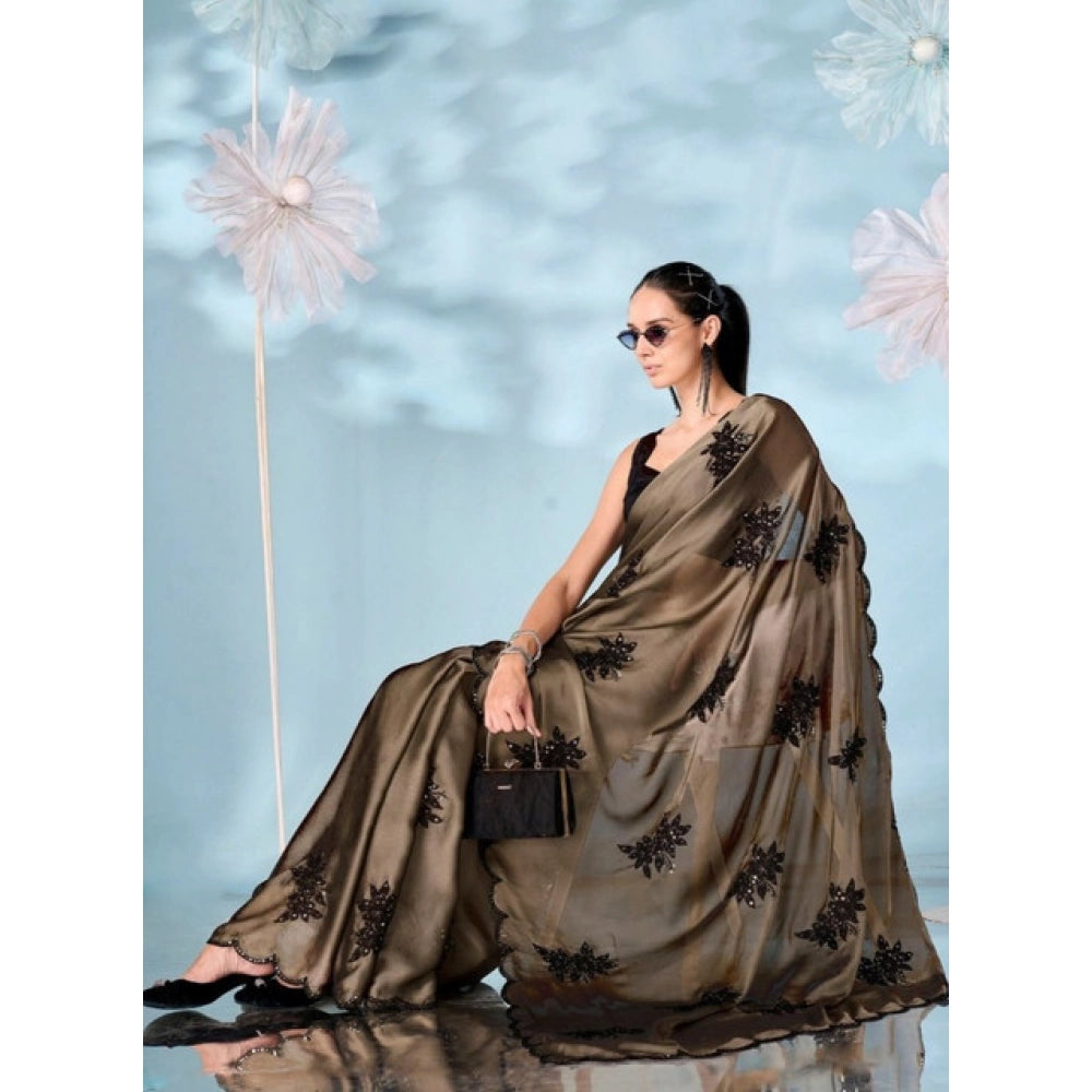 Snuggle Spot Women's Viscose Silk Embroidered Saree With Unstitched Blouse 5.5Mtr (Beige)
